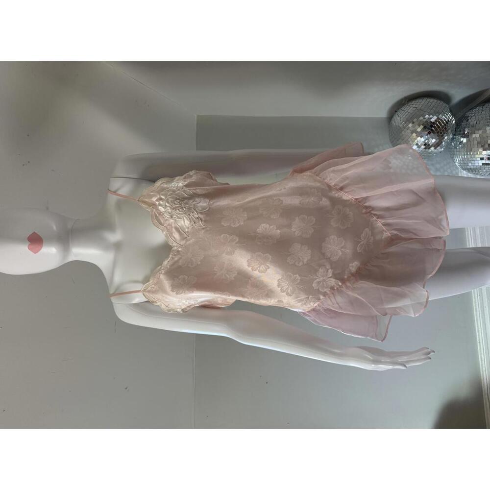 Vintage 80s Vicotria's Secret Pink Satin Teddy Lingerie Sheer Ruffle Floral M